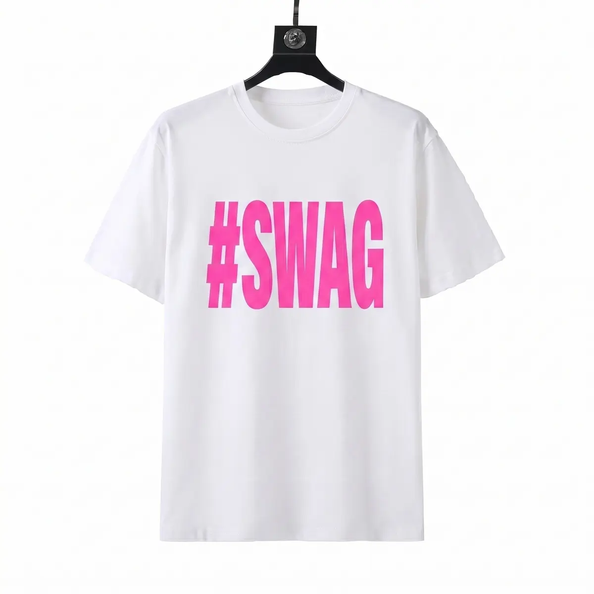 Bright pink #   SWAG printed short sleeve shirt |     Trendy Y2K Social Media Tag Solid Color T-Shirt |     Cool and loose-fitting street style clothing for both men and women
