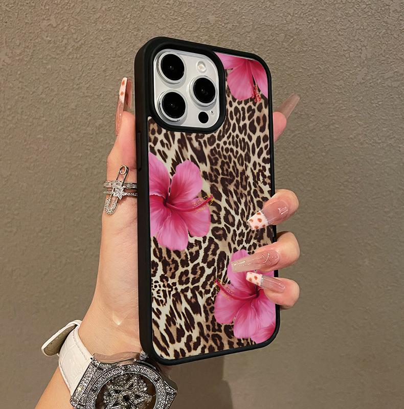 Multi-Functional Magnetic Case for iPhone 12/13/14/15/16/17 pro max Bold Leopard Print & Pink Hibiscus MagSafe Ready, Anti-Fall,Ultra-Thin Design | Perfect for Everyday Use Shockproof Magsafe iPhone phone Case slim excellent protection other model