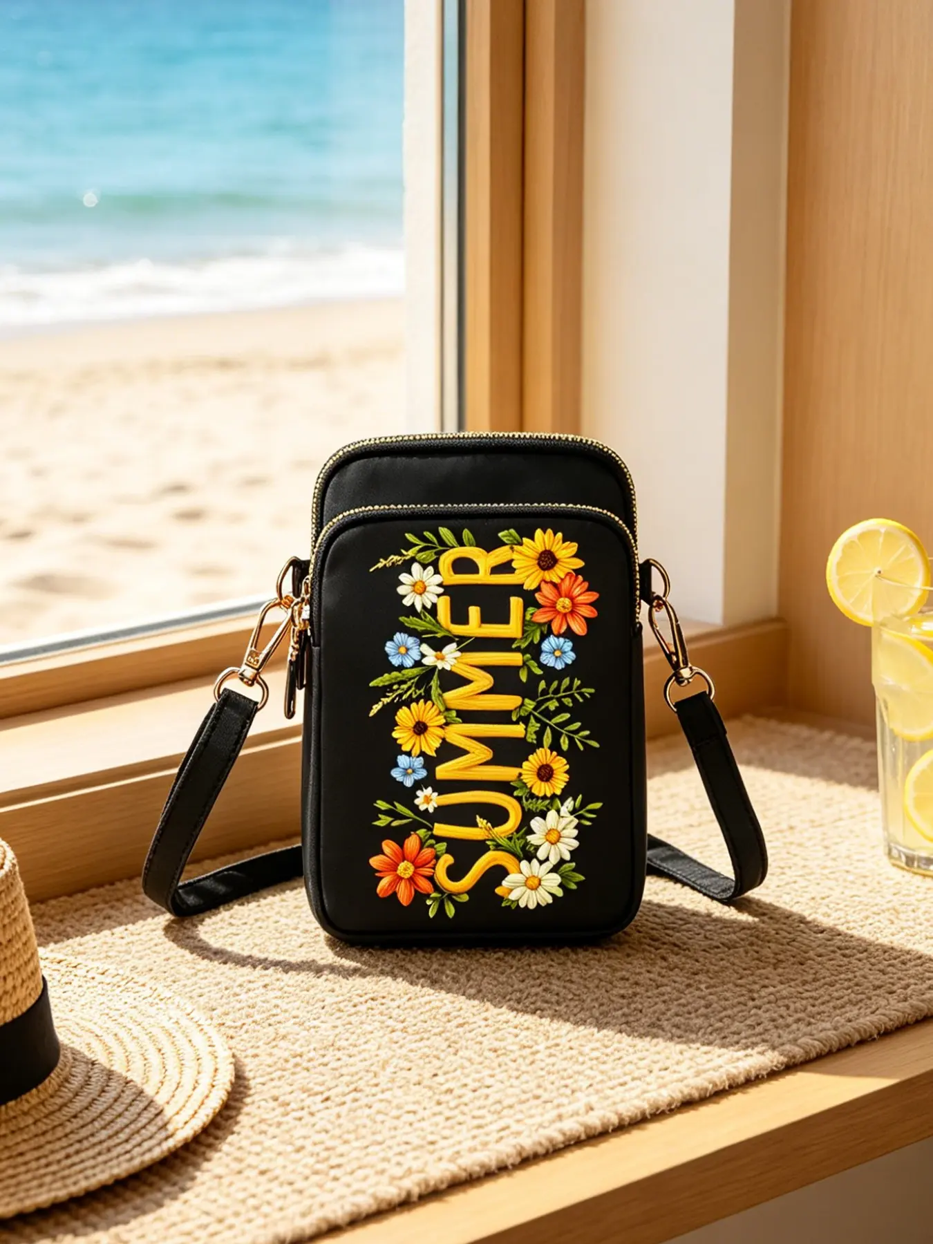 Vintage Daisy Flower 'summer' Print Mini Crossbody Phone Bag, Adjustable Strap, Cute Messenger Bag for Daily Shopping, Beach Vacation Gift