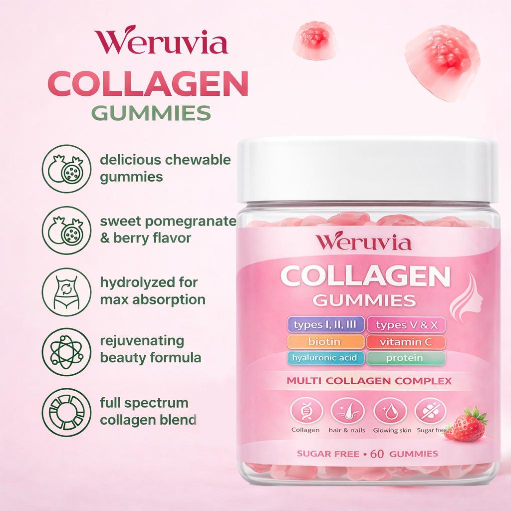 Multi Collagen Gummies (Type I, II, III, V & X) — 60 Count | With Biotin, Hyaluronic Acid & Vitamin C | Supports Skin, Hair, Nails & Joints | Pomegranate Berry | Sugar-Free, Non-GMO