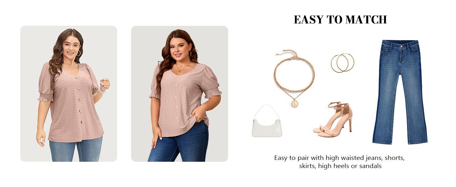 Imily Bela Womens Plus Size Tunic Tops V Neck Short Puff Sleeve Tops Casual Summer Eyelet Blouses