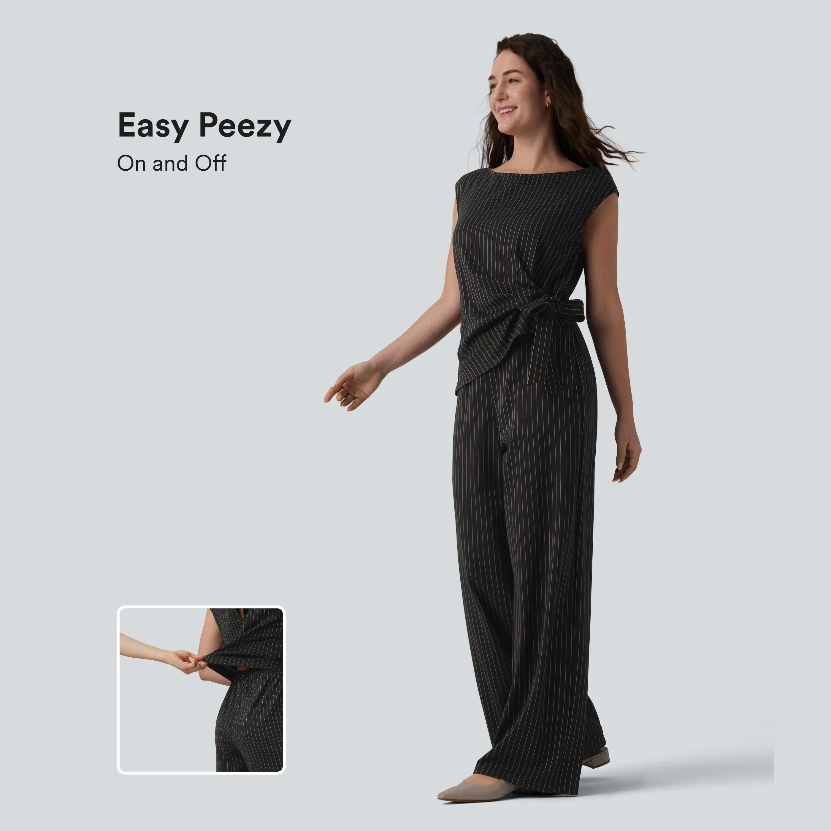 Halara Boat Neck Sleeveless Tie Side Cool Touch Stripe Work Jumpsuit with Pockets-Easy Peezy Edition