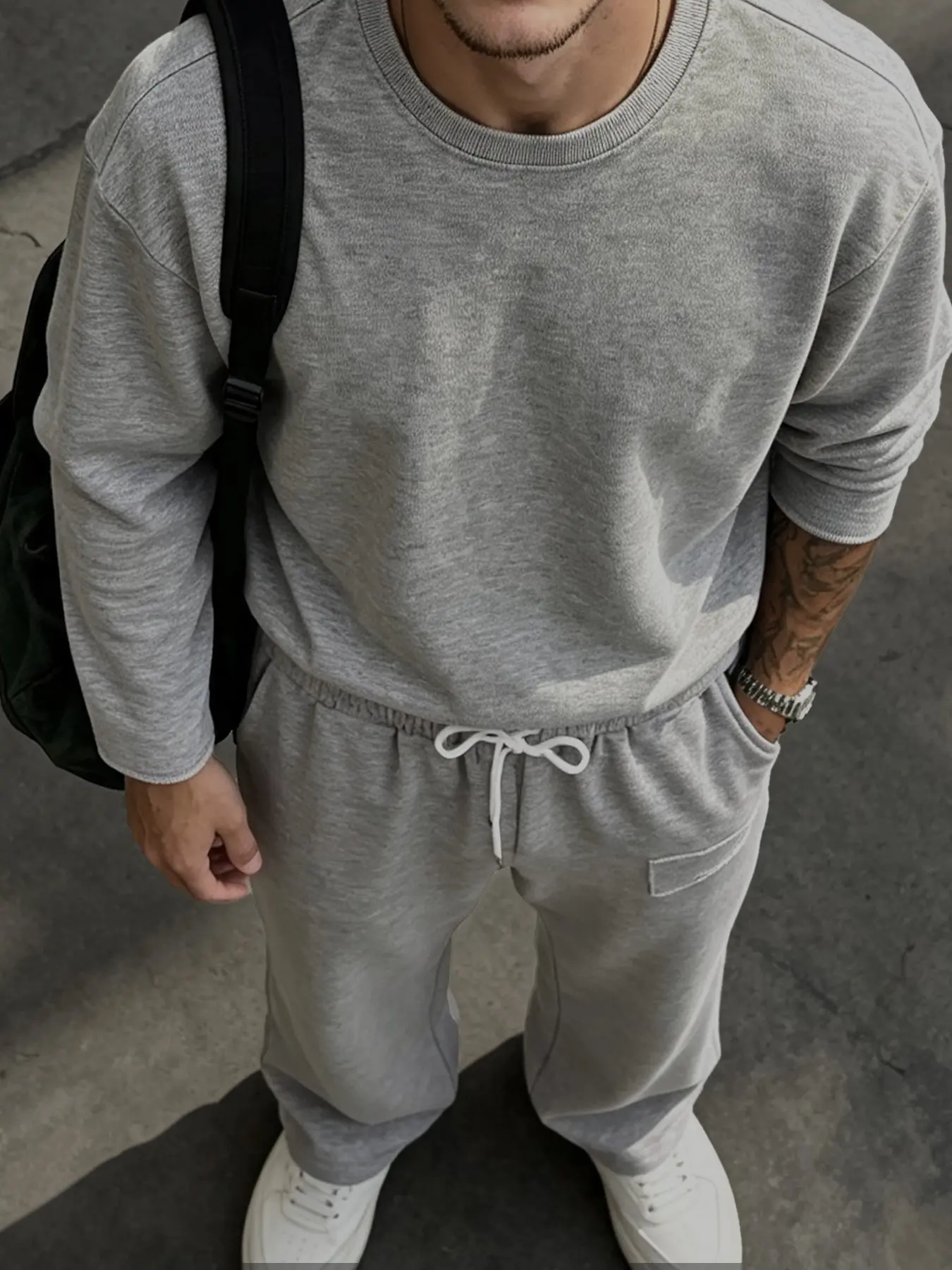Men Heather Gray 2 Piece Loungewear Pajama Set, Casual, Crew Neck Long Sleeve Top & Elastic White Drawstring Straight Pants With Embroidered Pocket, Soft Thickened Warm Skin-Friendly Fabric, Autumn Winter Cozy Sleepwear For Indoor Rest, Night Sleep, L