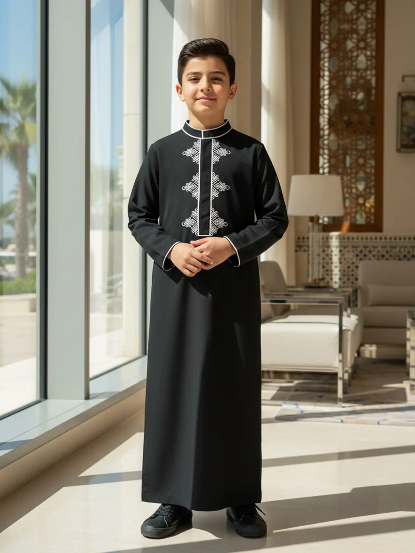 Arabian Boy Traditional Long Thobe, Geometric Embroidery, Stand Collar, Metal Button, Hidden Pockets, Suitable for Ages 8-12