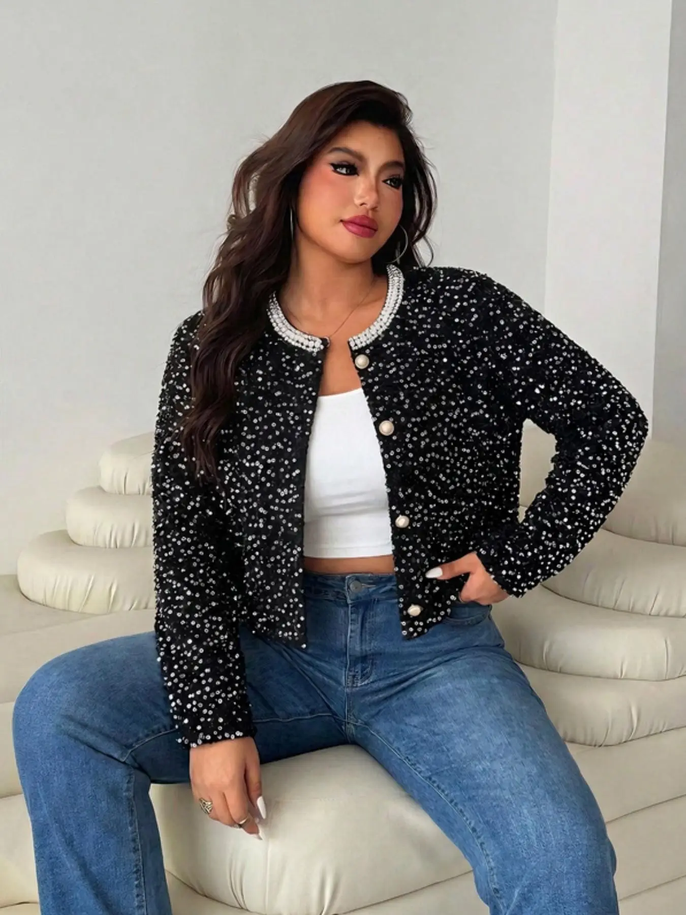 Plus Size Women's Luxury Sequin Short Jacket, Button Front Beaded Detail, Long Sleeve, Comfortable Lining, Perfect for Street Style, Loose Fashion Jacket