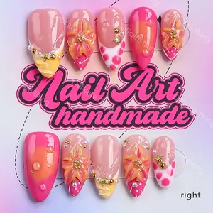 Delicatething Y2K Style Almond Nails, Handmade Press-On Wearable Nail Set with Bead Accents, 4 Sizes (XS/S/M/L), French Design, Summer Nails, Perfect Gift for Women