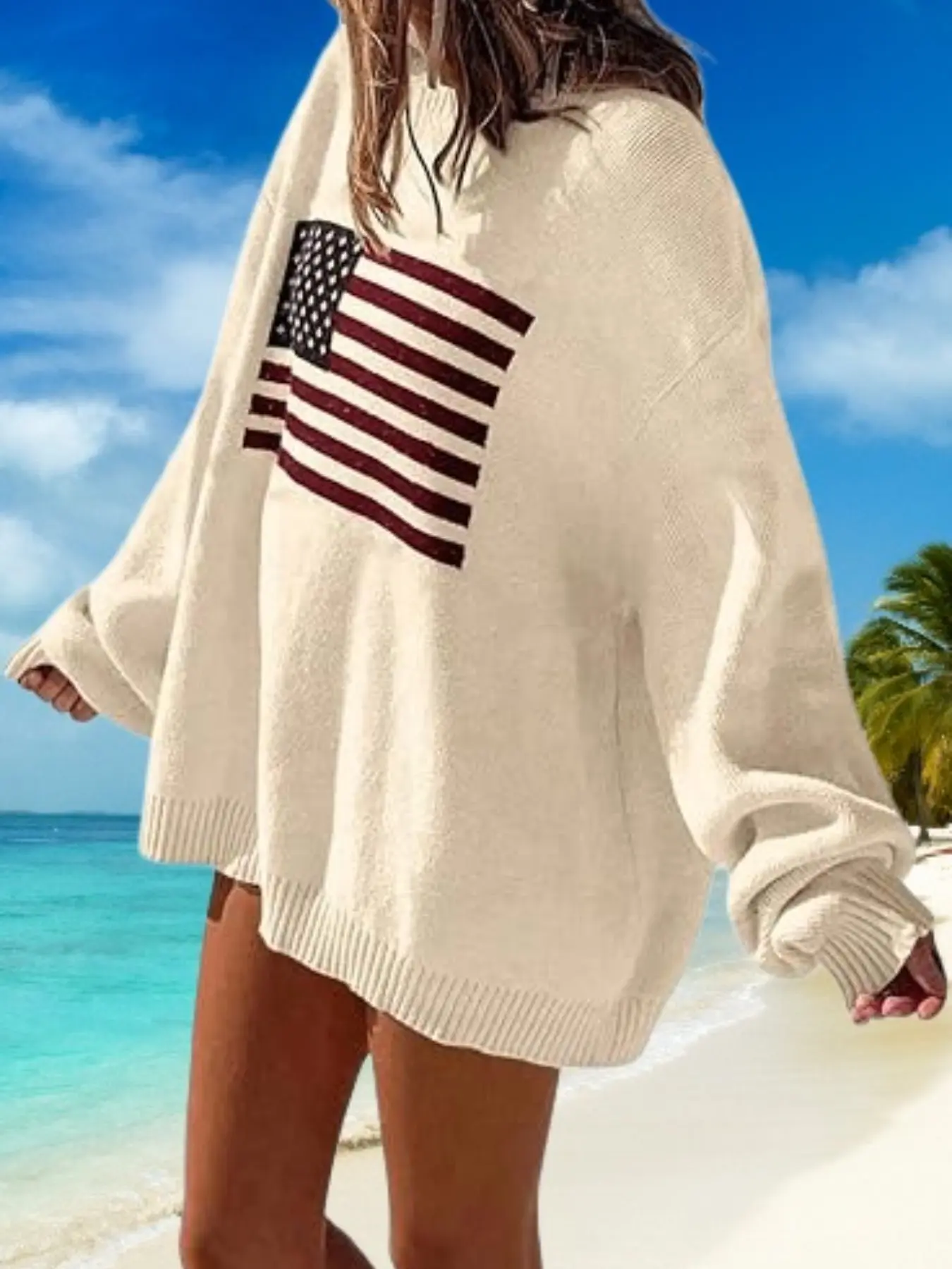 [Large Size] Usa Flag Knit Sweater, Casual Versatile Long Sleeve Top, Patriotic Style, Oversize, Loose, Flag Pattern, Fall Winter Sweater, National Day