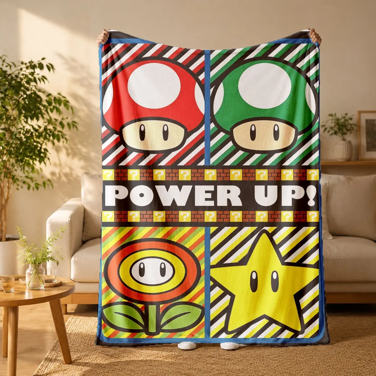 Super Mario Mushroom, Star and Fire Flower Print Funny Flannel Blanket - Suitable for all seasons, soft, lightweight and breathable, for bedroom, seasonal and holiday decorations - Perfect for beds, sofas, offices, camping and travel