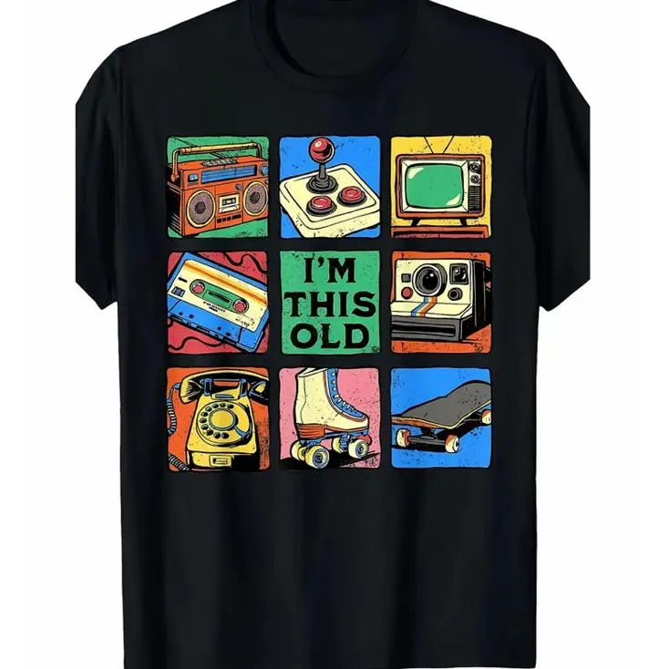 I'm This Old Retro Vintage Gadget Grid Graphic Print Short Sleeve T-Shirt, Unisex Summer Vacation Back To School Nostalgia 80s 90s Casual Tops For Generation X, 100% Pure Cotton Printed Craft Summervibes Tee, Soft Breathable Loose Fit Everyday Outfits