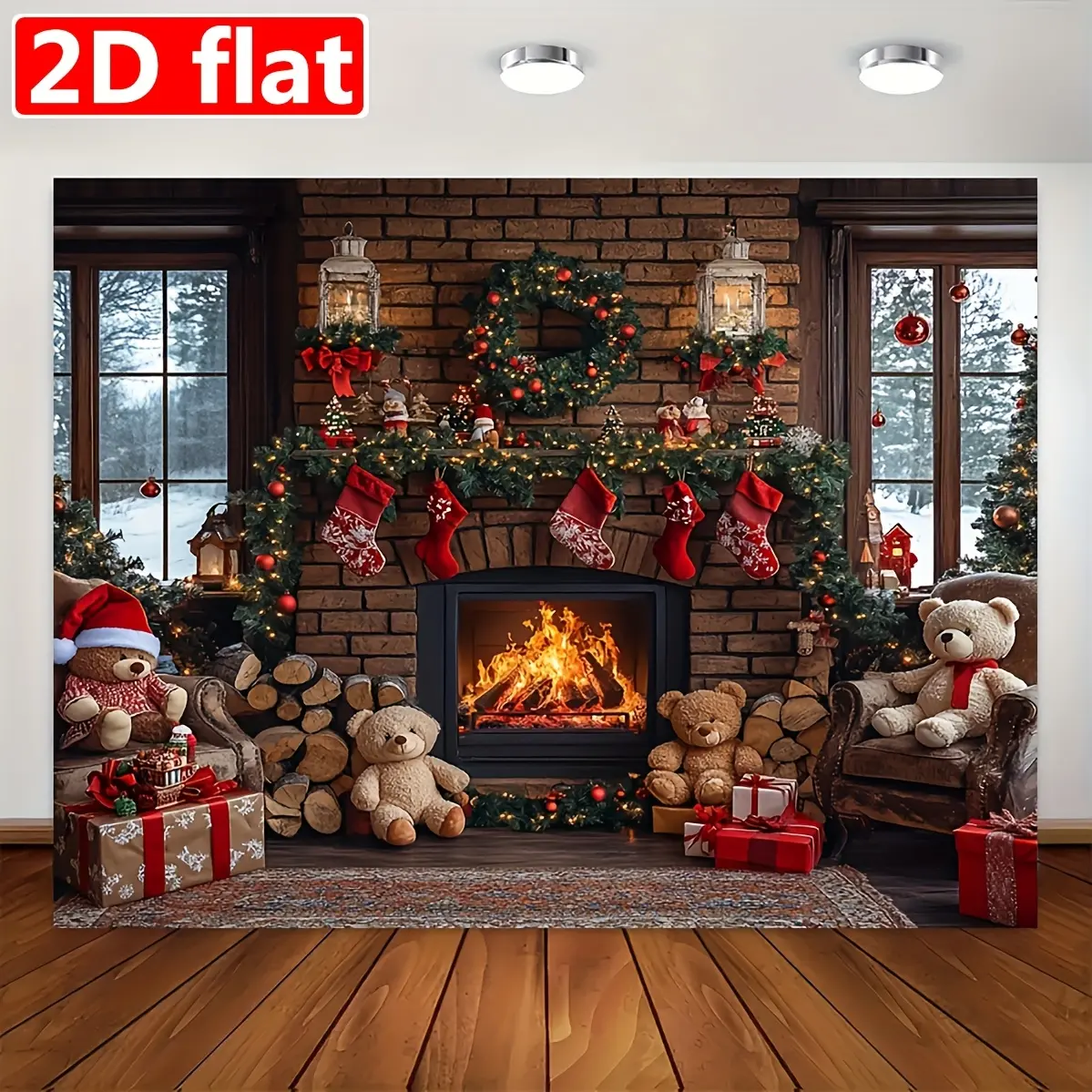 Christmas Fireplace & Stockings Backdrop, Cozy Winter Holiday Wall Tapestry, Festive Indoor Scene Banner for Living Room Decor, Xmas Prop