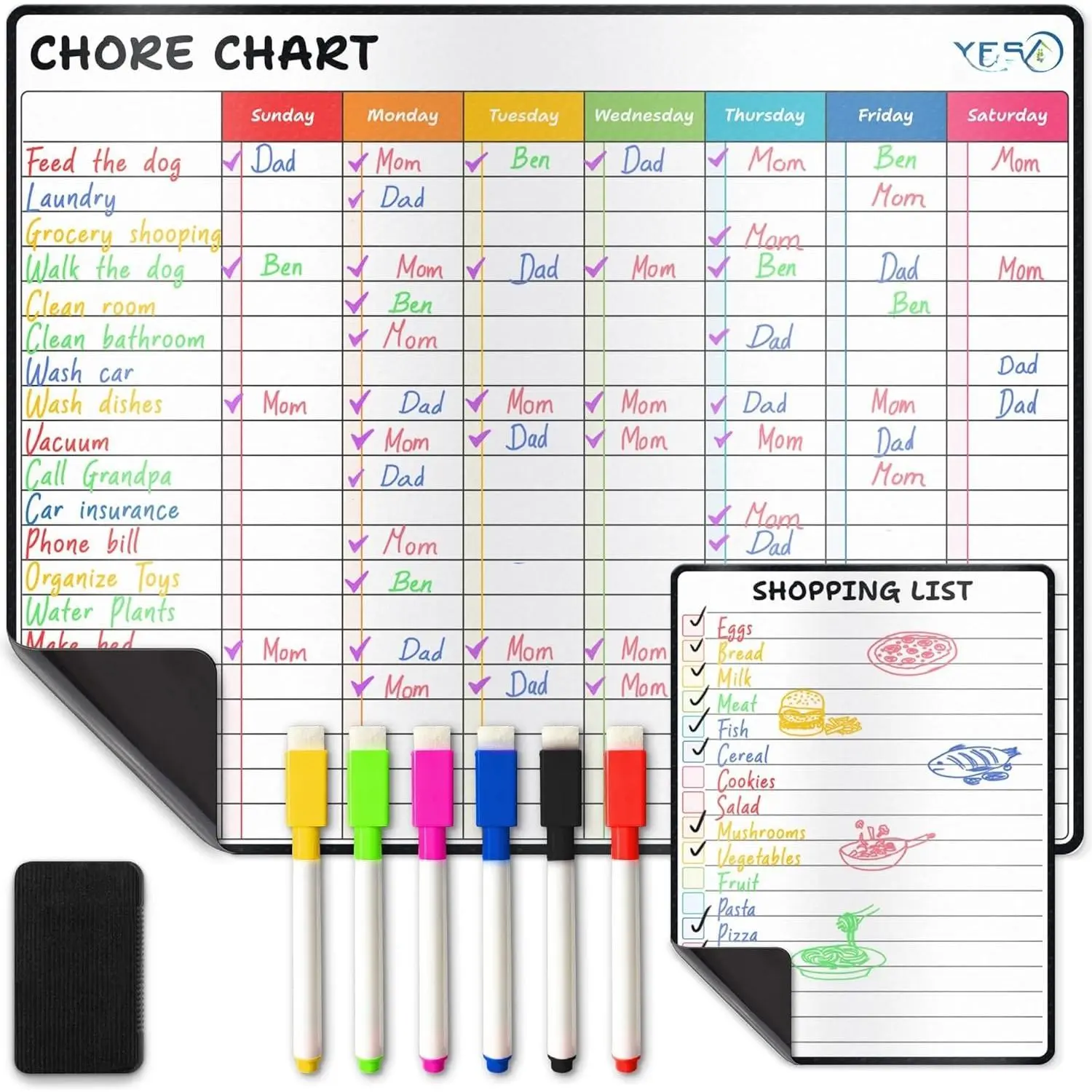 Dry Erase Chore Chart for Fridge - 14 x 11 Inch - Whiteboard Organizer with Shopping List, 6 Colorful Markers & Eraser - Refrigerator White Board for Family Tasks & Schedules - by