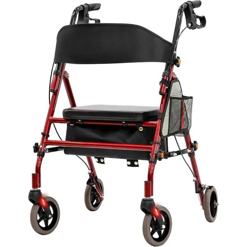 ARCH Lightweight Foldable Hybrid Rolling Walker for Seniors, 350lb Capacity, 5-Position Adjustable Height, Premium Aluminum & Carbon Steel Frame, Red, Portable Mobility Aid with Storage Pouch, Indoor-Outdoor Use