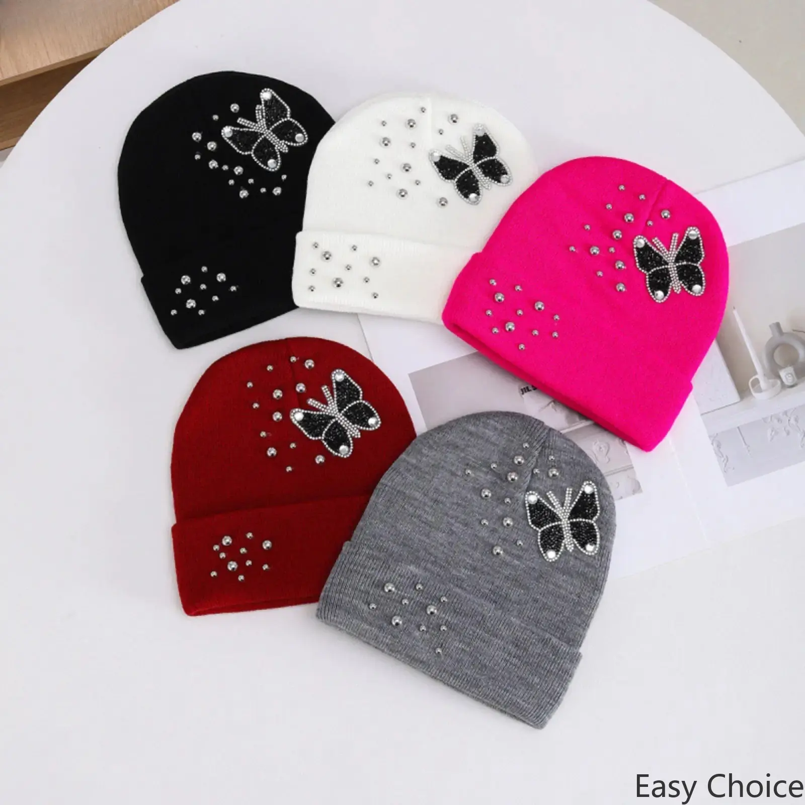 Women's Y2K Knit Beanie Hat, Sparkling Rhinestone Butterfly Decor Slouchy Skull Cap, Soft Warm Ribbed Cuff Winter Headwear, Fashion Accessory for Daily Wear, Outdoor Skiing & Holiday Party Occasions