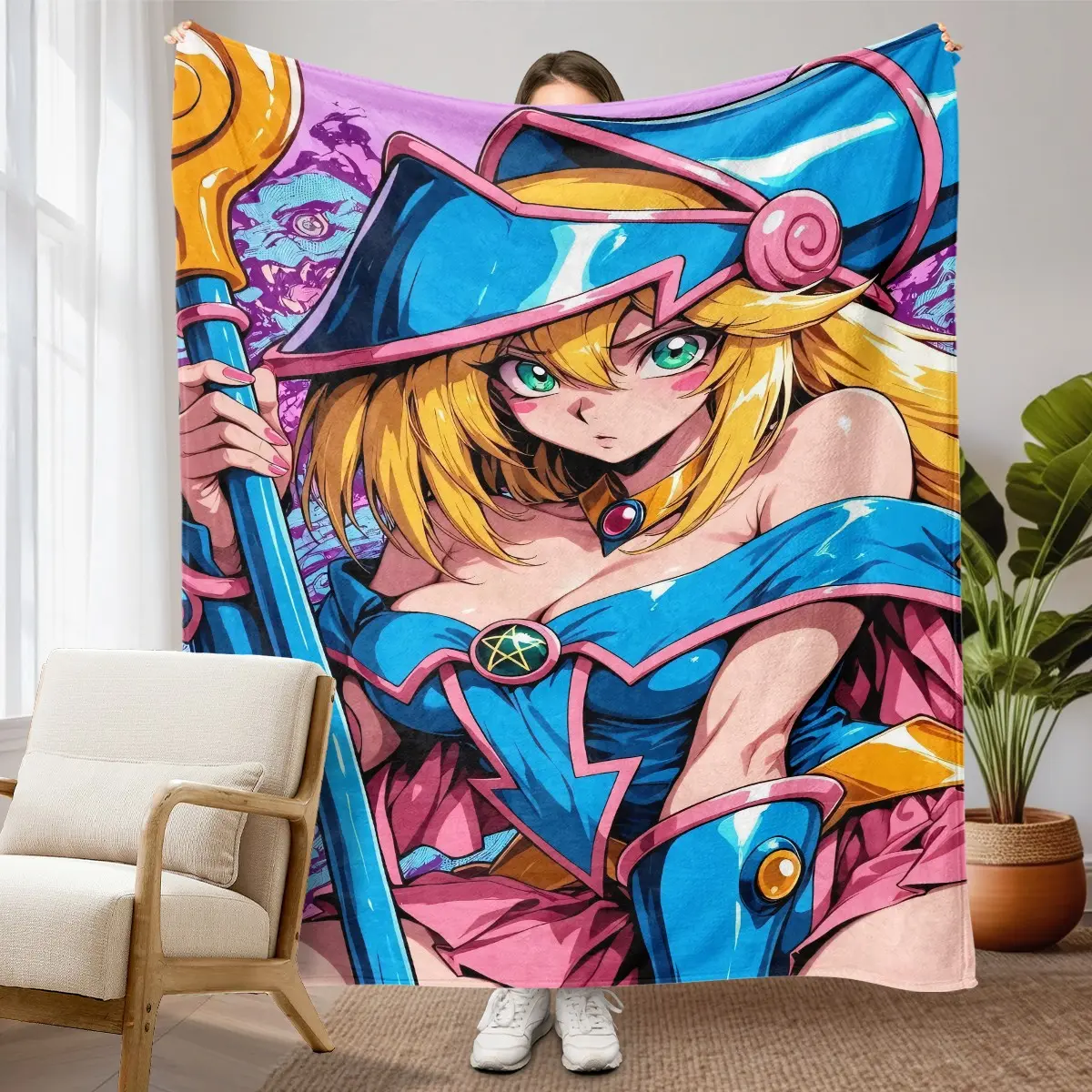 1pc Game Master Magic Girl Flannel Blanket, Base Anime Print, Soft Warm Cozy Nap Blanket, Ideal for Sofa Bed Office Camping Travel Christmas Gift1pc Yu-Gi-Oh Dark Magician Girl Fleece Blanket, Purple Background Anime Dark Magician Girl With Staff Manga Ar
