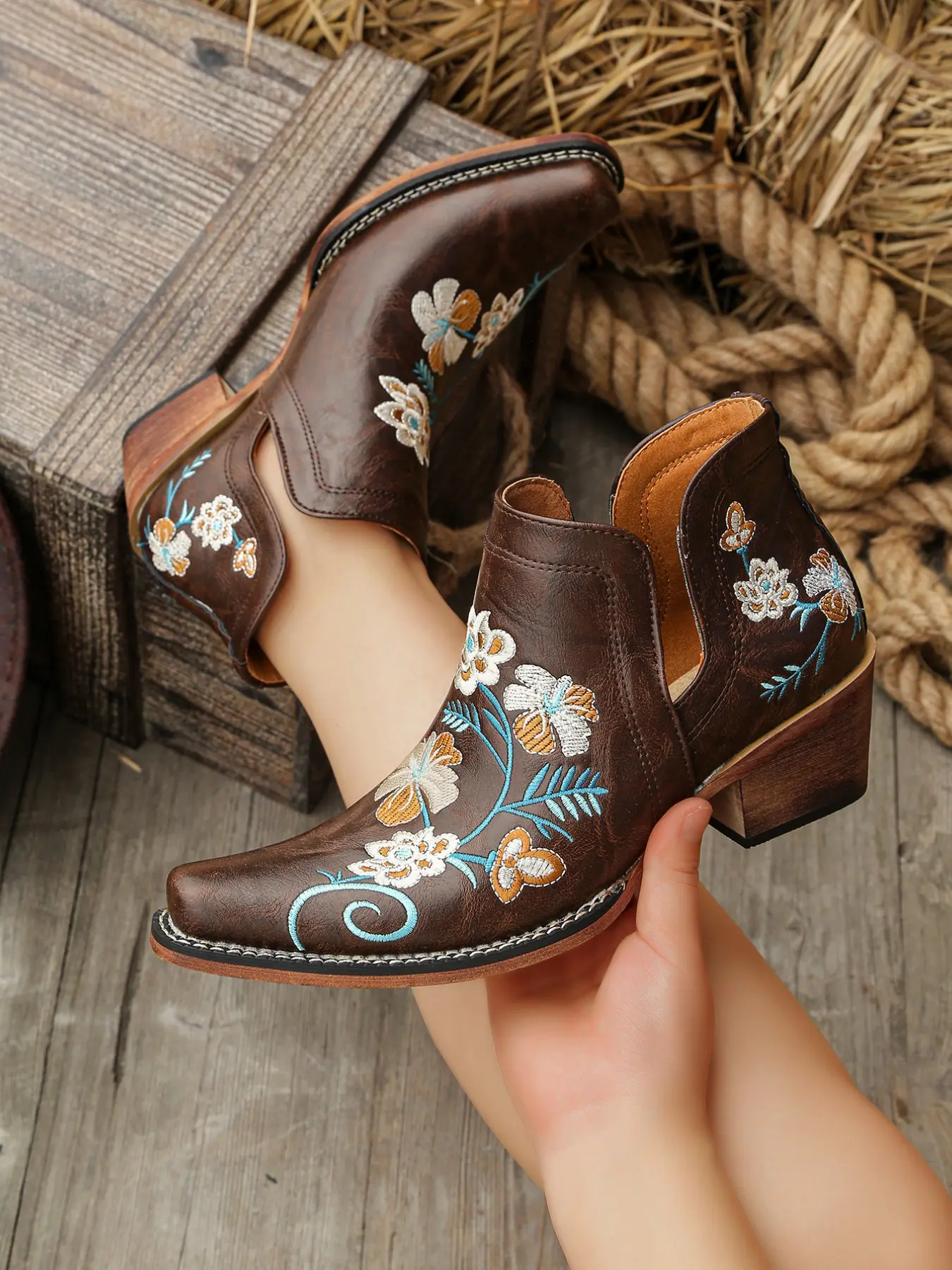 Vintage Western Short Calf Boots, Cowgirl Boots, Dual V-Shape Cutouts, Floral Embroidery, Thick Heel, Pointed Toe, PU Leather, Rubber Sole