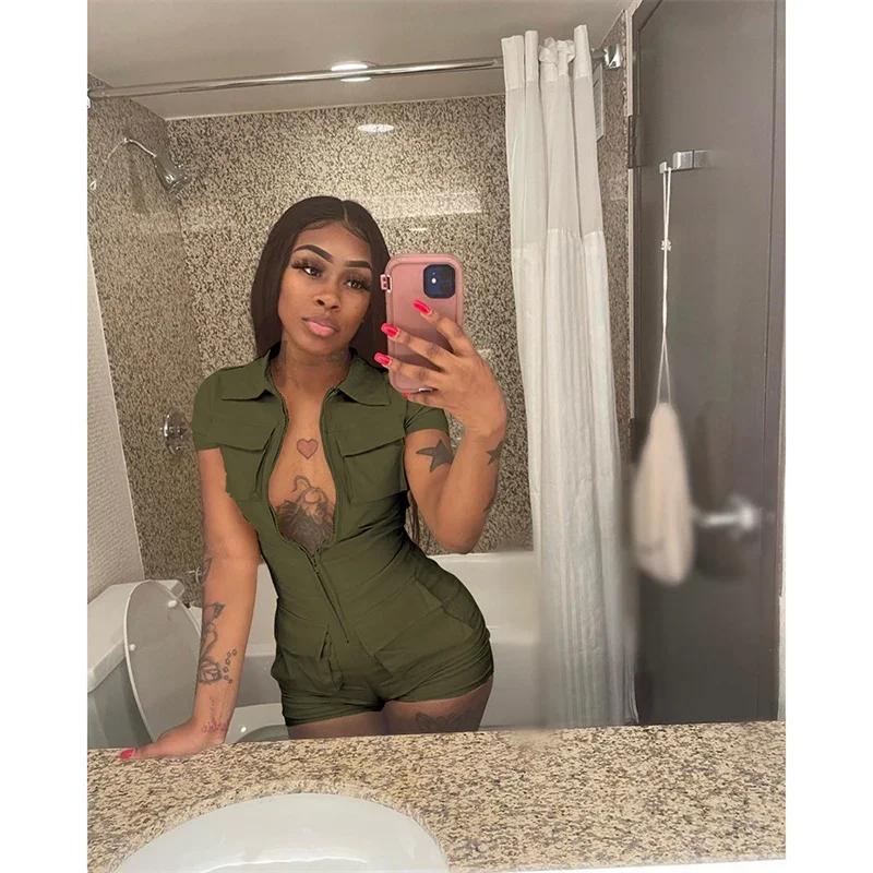 Streetwear Zipper Pockets Shorts Jumpsuit Women Clothing Short Sleeve Skinny Cargo Playsuit Summer Casual Pieces Romper