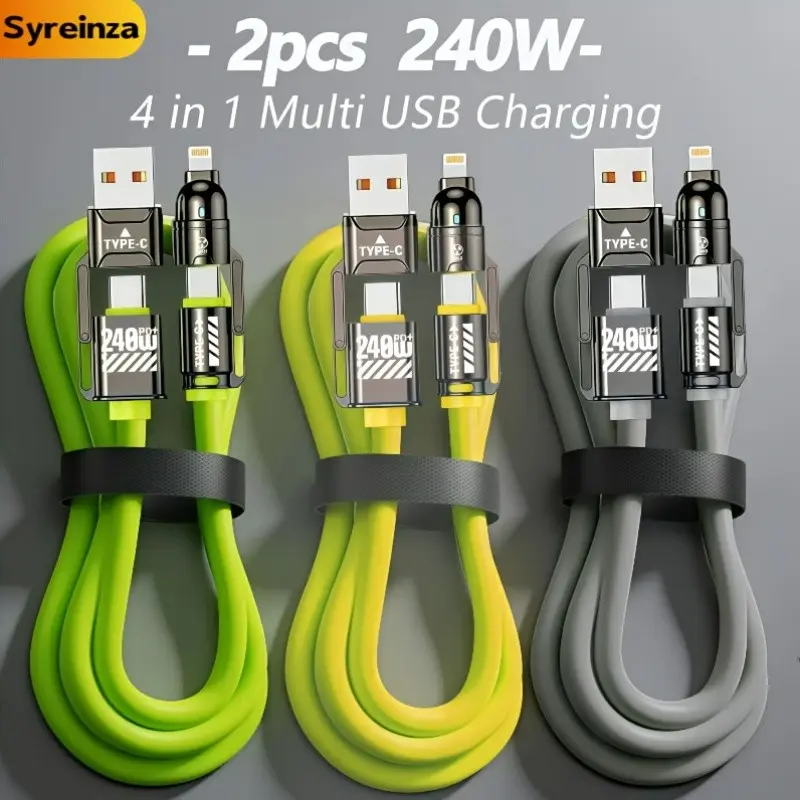 2pcs 240w Fast Charging Cable Set, 4-In-1 Multi-Port Charger for iPhone, Samsung, Lg, Google Pixel, Xiaomi, Tablets, Ultra-Fast Charging, Fast USB Charging