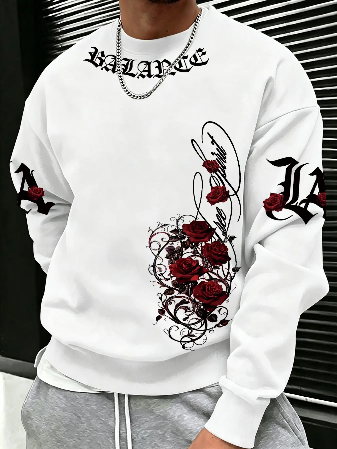 Big Tall Men Plus Size Oversized Crewneck Sweatshirt Gothic Script Red Rose Vine Graphic Long Sleeve Pullover Rare Aesthetic Y2K Hip Hop Streetwear Baggy Loose Fit Casual Tops for Teen Boys Young Adult Guys