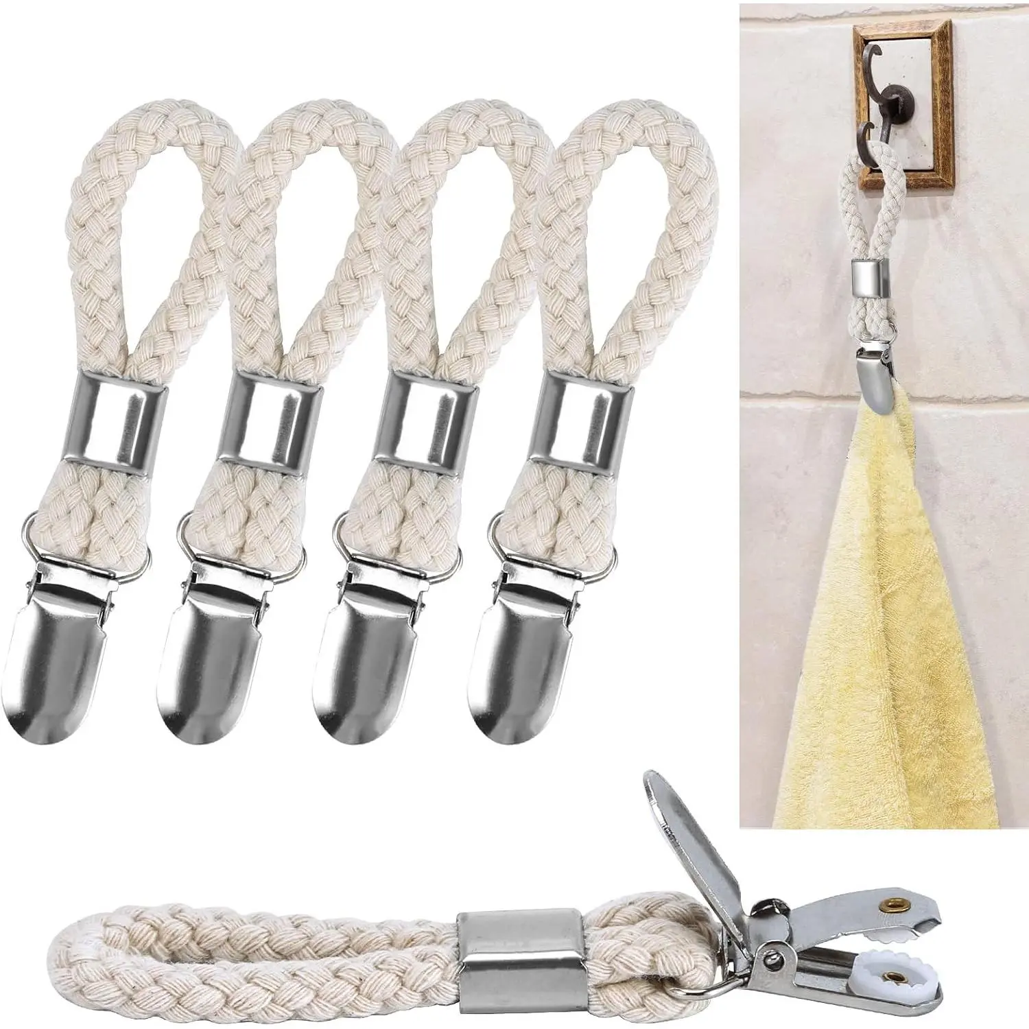 5 Pack Hanging Tea Towels Clip, Metal Kitchen Cloth Hook Clip Hanging Loop Cloth Hook Clip Hangers for Home Kitchen Bathroom Cupboards Cloth Hanger Holder Brackets-Braided Cotton Loop