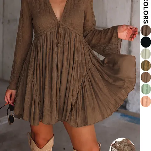 【Black Friday】Women's Solid Color V Neck Long Sleeve Dress with Built-in Shorts, Vintage Elegant Loose-Fit Dress for Spring and Fall, Casual Wear