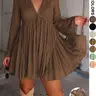 【Black Friday】Women's Solid Color V Neck Long Sleeve Dress with Built-in Shorts, Vintage Elegant Loose-Fit Dress for Spring and Fall, Casual Wear
