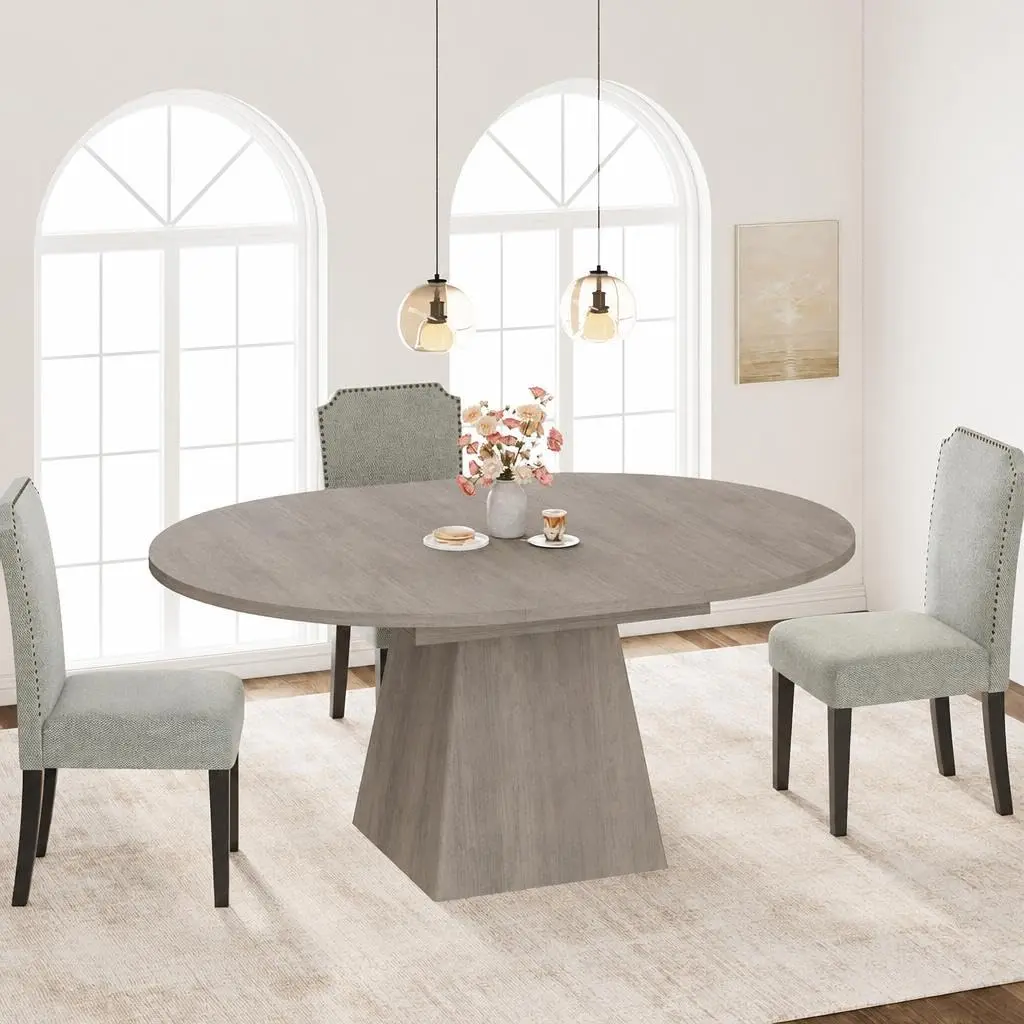 47"-63" Extendable Round Dining Table, Circle Kitchen Table, Modern Dining Room Table with Thickened Tabletop& Square Pedestal Base (Table Only)