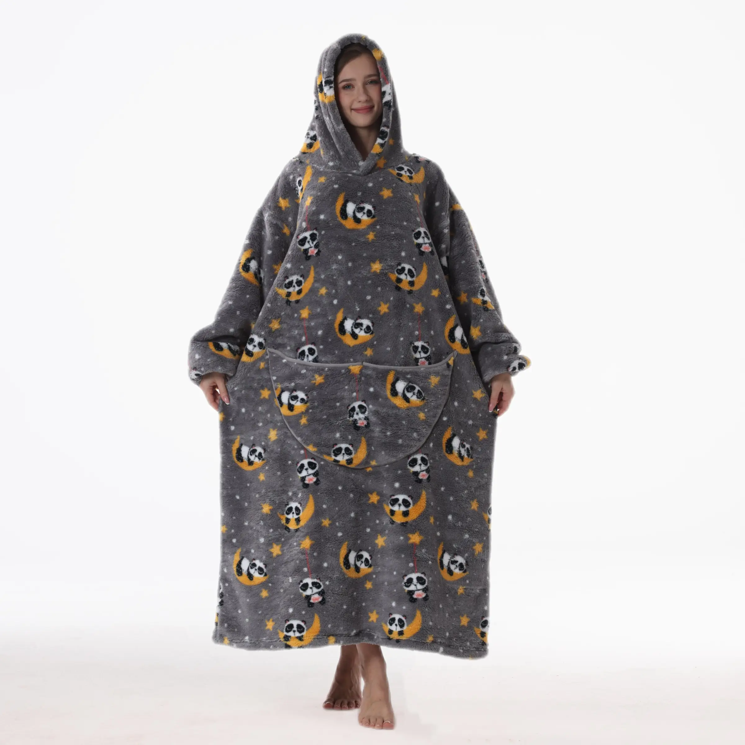 Panda Oversized Wearable Blanket Sweatshirt, Ultra-Soft Flannel Cape, Unisex Comfortable Bathrobe, Fun Print Design