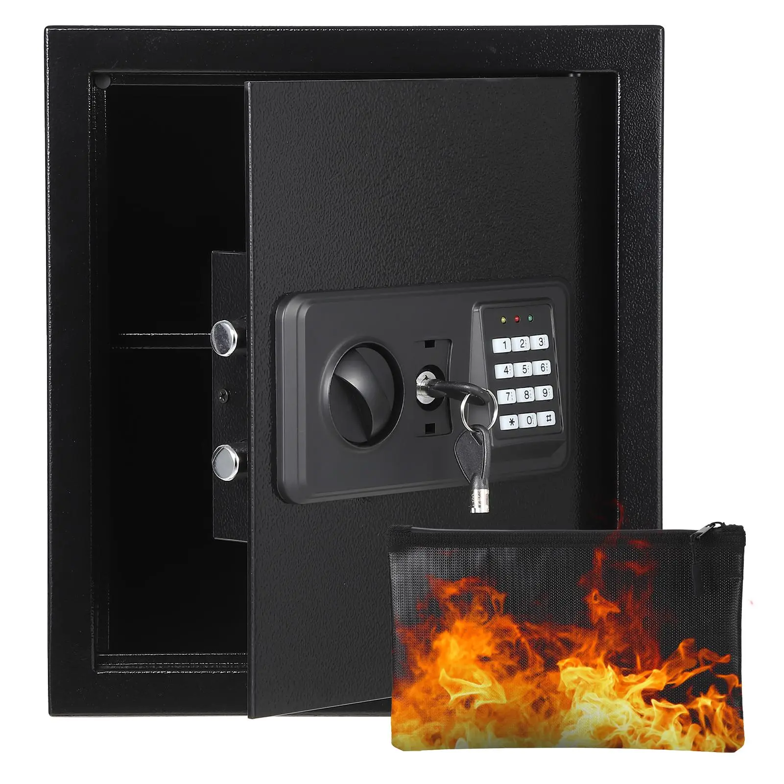 Heavy-Duty Digital Steel Safe with Steel Body, Fireproof Bag, Waterproof Security Box, Electronic Lock with Keypad Screen & Override Key, Anti-Theft Alarm, Removable Shelf, Wall-Floor Mountable for Home Office, Black (Cash, Jewelry, Document Storage)