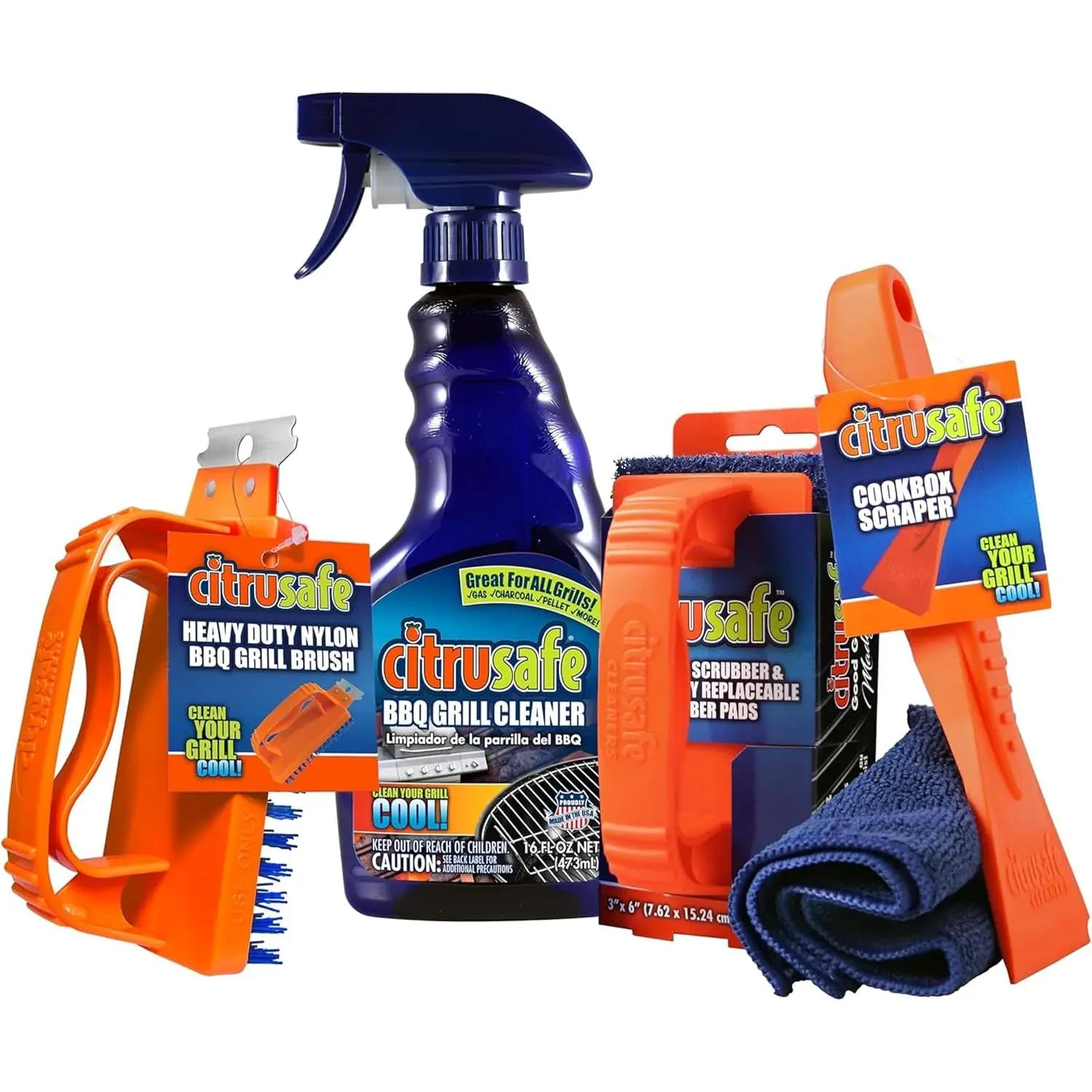 Citrusafe Complete Grill Cleaning Kit - Grill Cleaner  (16oz),  3 Pack, Nylon Brush, Cookbox Scraper and Microfiber Cleaning Towel - Tools to Clean BBQ Grill Grates, Smokers, Ovens
