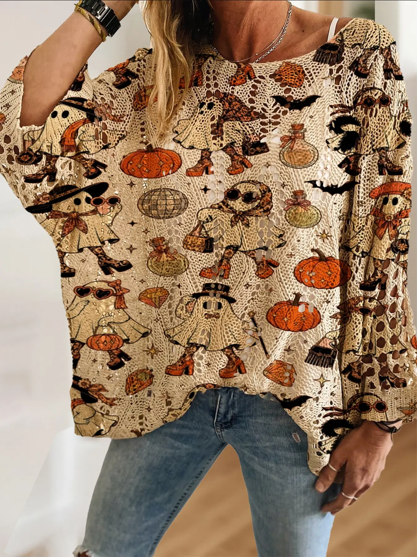 Women's Halloween Pumpkin Ghost Print Long Sleeve Knit Top, Casual Elegant Vacation Style Sweater, Comfortable Breathable Women's Shirt