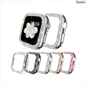 5PCS Rhinestone Decor Watch Case, hollow-out PC shell with shockproof design. Compatible with Watch Ultra, SE & Series 1-10, available in sizes 38/40/41/42/44/45/46/49mm for daily protection.