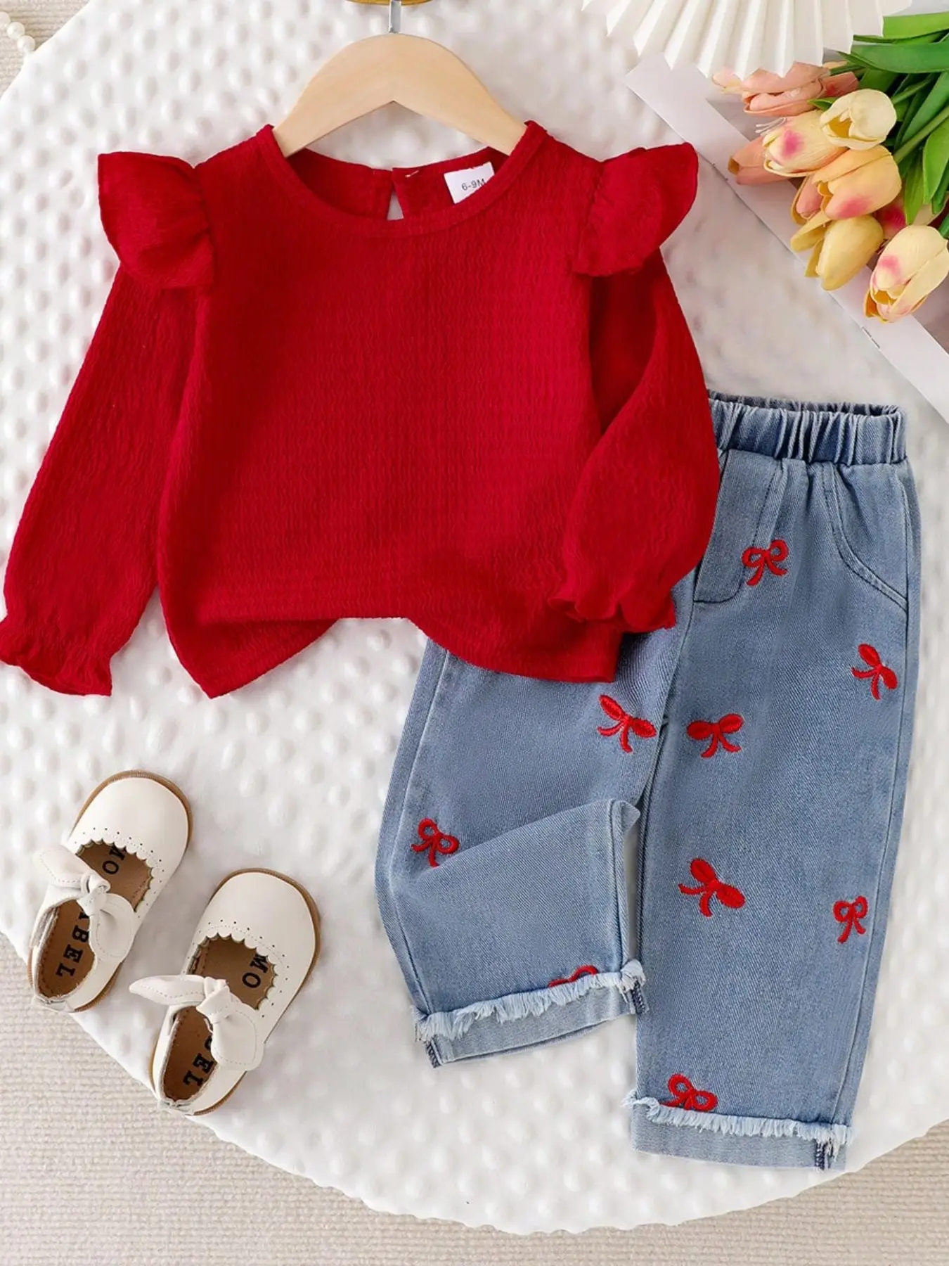 Baby Girl 2-Piece Set, Spring & Fall, Long Sleeve Top with Embroidery, Loose-Fit Jeans Pants, Casual Style, Natural Waist, Clothing, Baby Girl Clothes