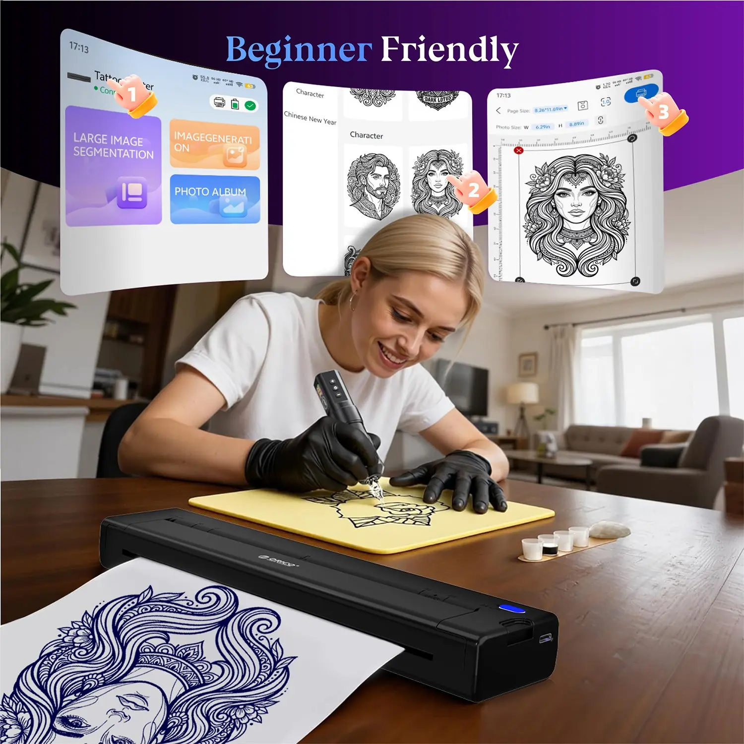 Portable Thermal Inkless Wireless Tattoo Printer, Pain-Free Tattoo Machine, Multiple Templates, DIY Creative Design, Ideal for Beginners and Enthusiasts
