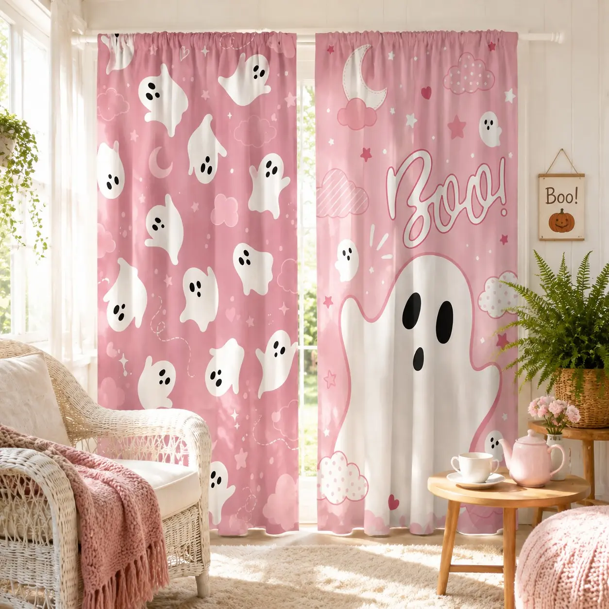 2 pieces of sweet and cool teenage style Halloween two-piece pole bag with half-translucent curtains, high-definition digital printing, suitable for living room, bedroom, dining room, and homestay interior decoration.