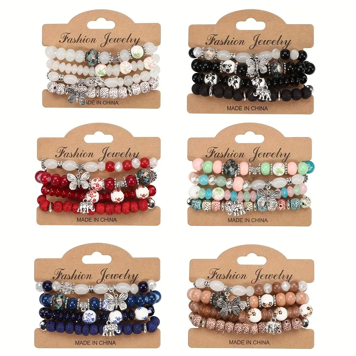 24Pcs (6-Set) Bohemian Layered Beaded Bracelet With Elephant & Butterfly Pendant Stretch & Stackable All-match Bracelet For Unisex Summer Beach Jewelry Accessories Handmade Beaded Bracelet Set