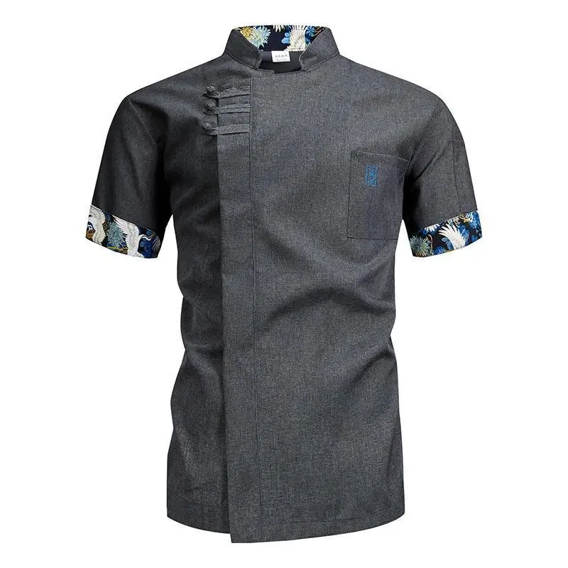 Men's Solid Plain Chinese-Style Fitted Cut Chef Uniform Jacket - Breathable, Button Closure, Chest Pocket, Year-Round Wear for Restaurant Cooks in Pro Catering Food Service Kitchens