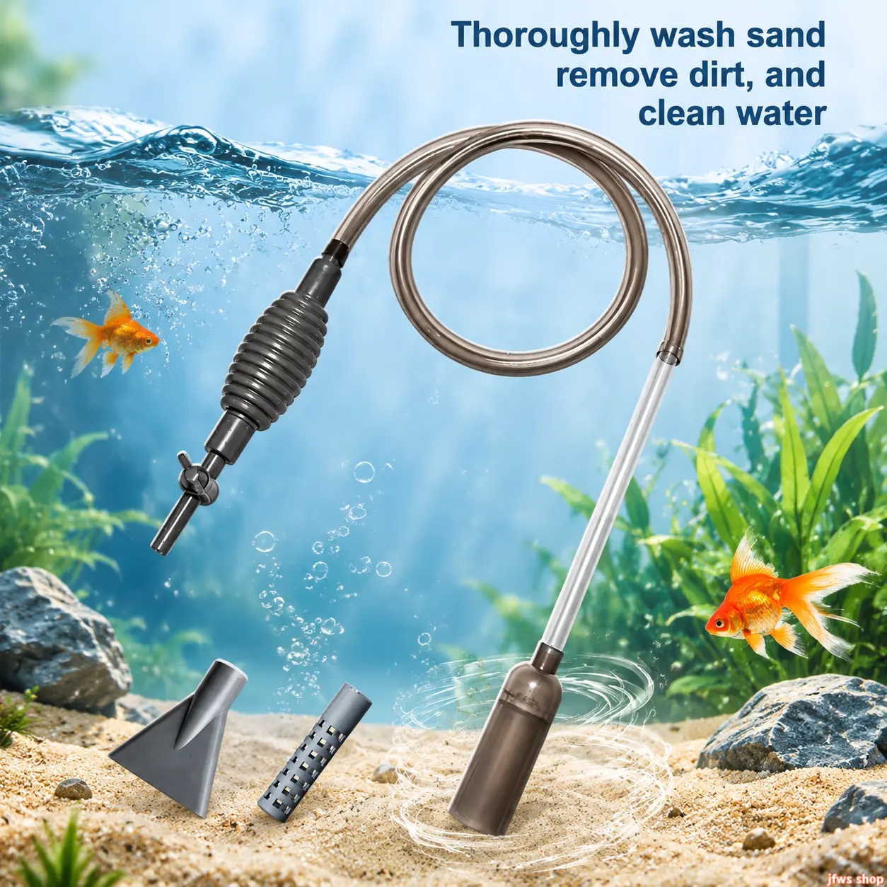 Manual Cordless Aquarium Vacuum Cleaner, Handheld Fish Tank Gravel Cleaner Dirt Water Changer Wand for Small & Large Tanks, Grey Home Decor