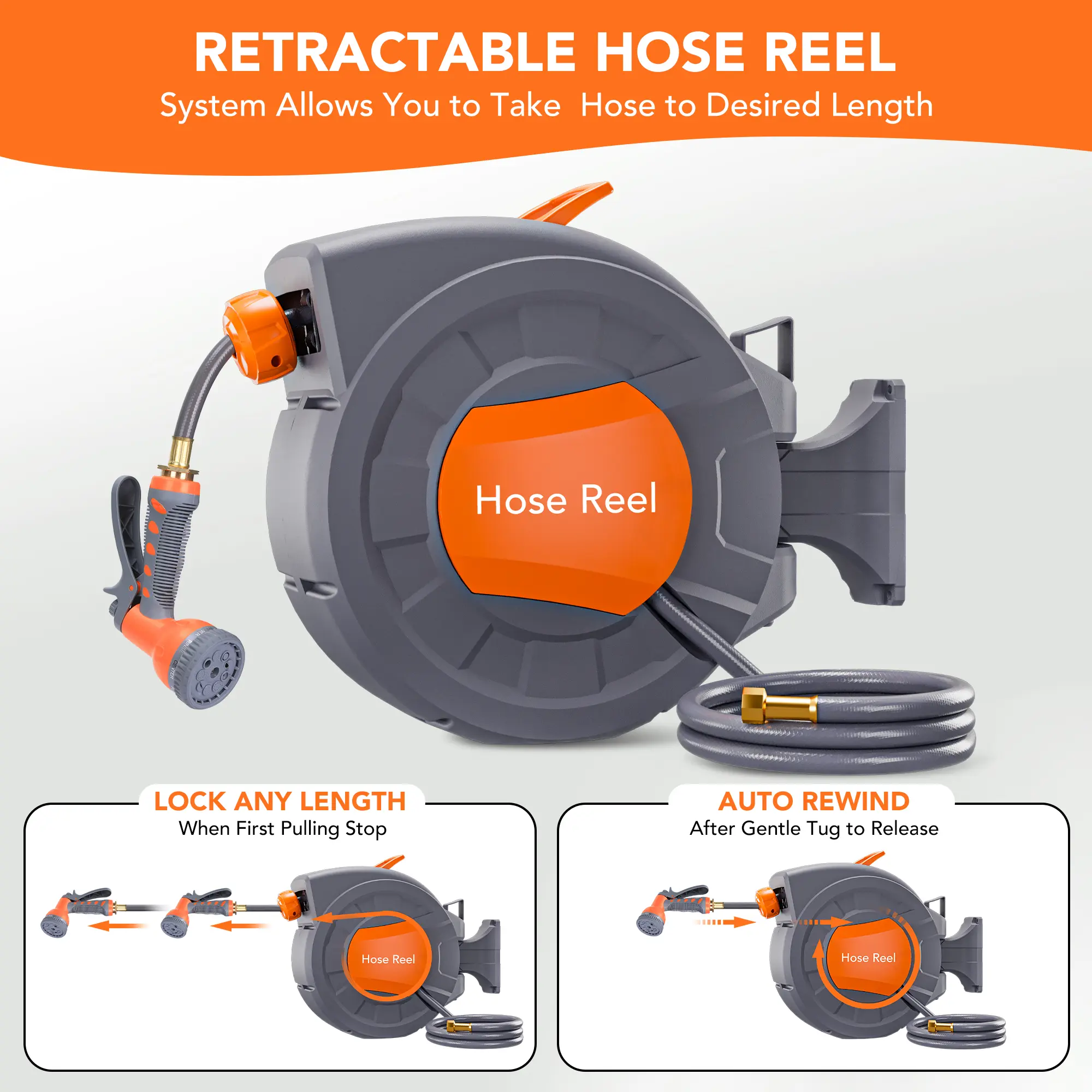 GARVEE Retractable Garden Water Hose Reel (1/2 in x 65/100 ft) - with 10 Spray Patterns Nozzle, 180° Swivel Bracket, Automatic Rewind, Lock at Any Length, Slow Return System, All-Season, Car Wash Essential