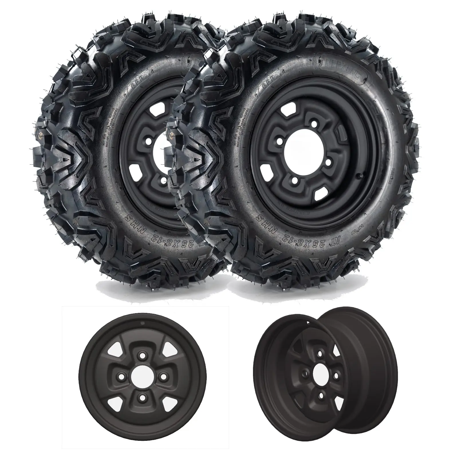 Garvee New Upgraded 2pcs 25*8-12 25X8-12 ATV Tires and Wheels Set (), 6-Ply All Terrain for UTV/ATV - Heavy-Duty Mud Sand Trail Tires with Offset Wheels - Reinforced Sidewalls