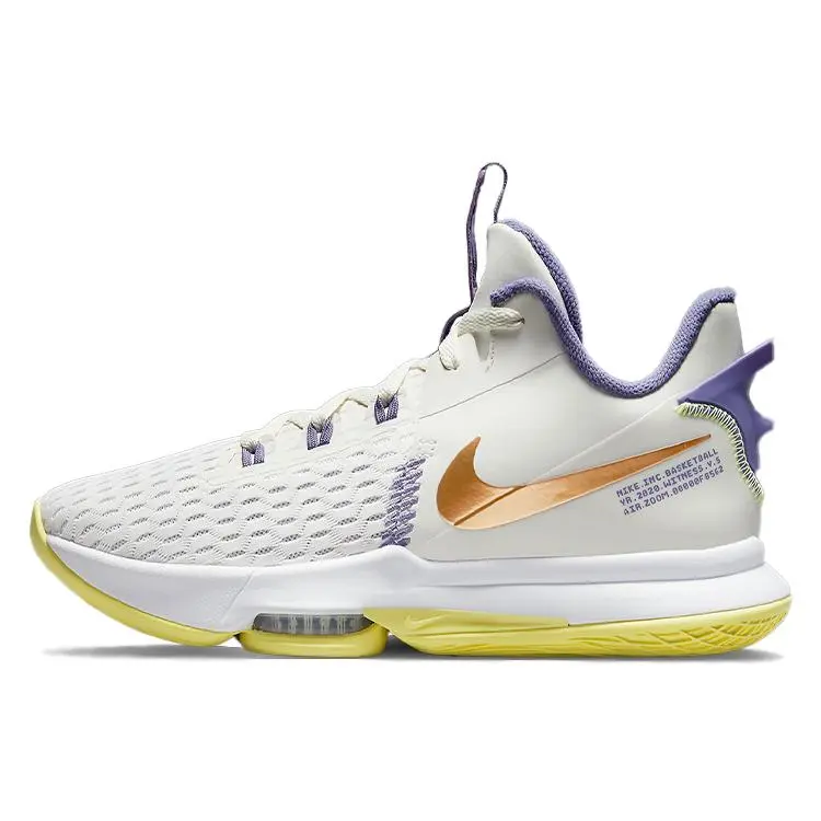 Nike Witness 5 LeBron EP Lakers Basketball Shoes for Men – Synthetic Leather, TPU, Cushioned, Non-Slip, Durable, Low-Top, White Purple Gold Verifiable, with credentials and supporting global authentication