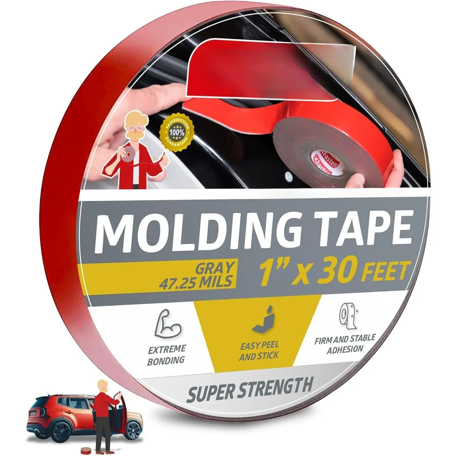 Super Strength Automotive Molding Tape, Gray, 1-Inch x 30-Foot, Double Sided Exterior Mounting Tape for Auto  Molding, Trim, Side Mirror, Emblem, Nameplate and Outdoor Applications