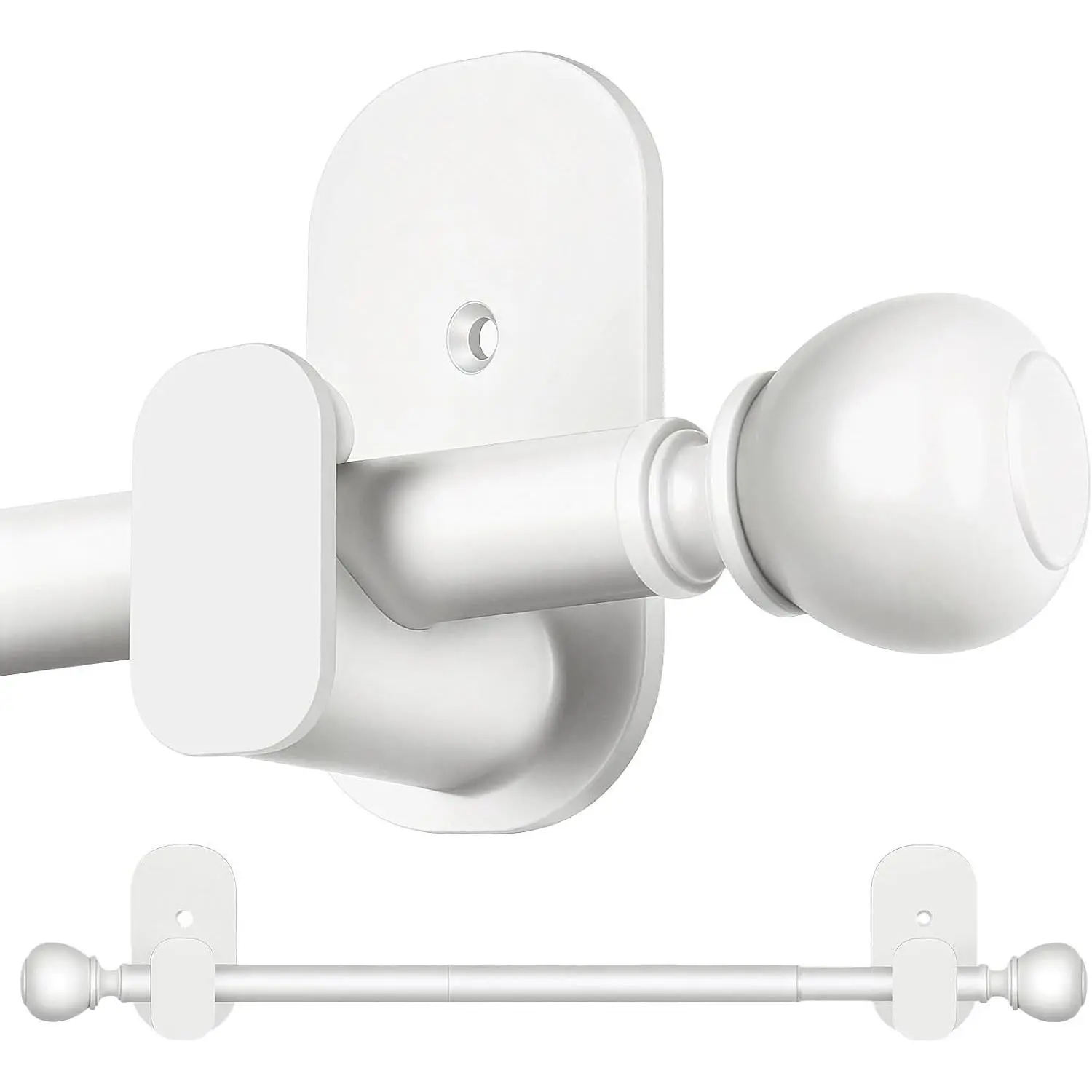 White Curtain Rods No Drilling 16 to 30 Inch, Adhesive Window Rod | Renter Friendly Adjustable Design, Round Finials, 5/8 Inch Small Drapery Rod, Fit for Apartment, Dorm, RVs, Door, Closet
