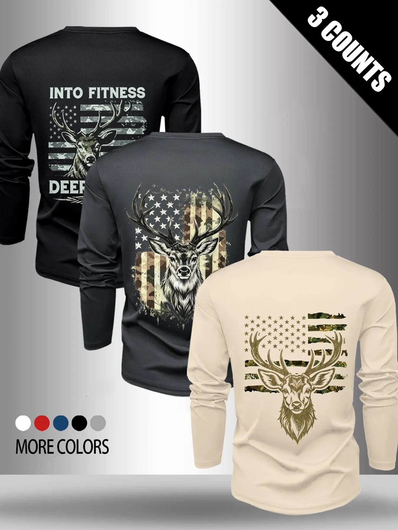 Men's 3-Pack Round Neck Long Sleeve T-Shirts, American Hunting Outdoor Style, Camouflage Deer Print, Breathable Stretch Fabric, All Seasons