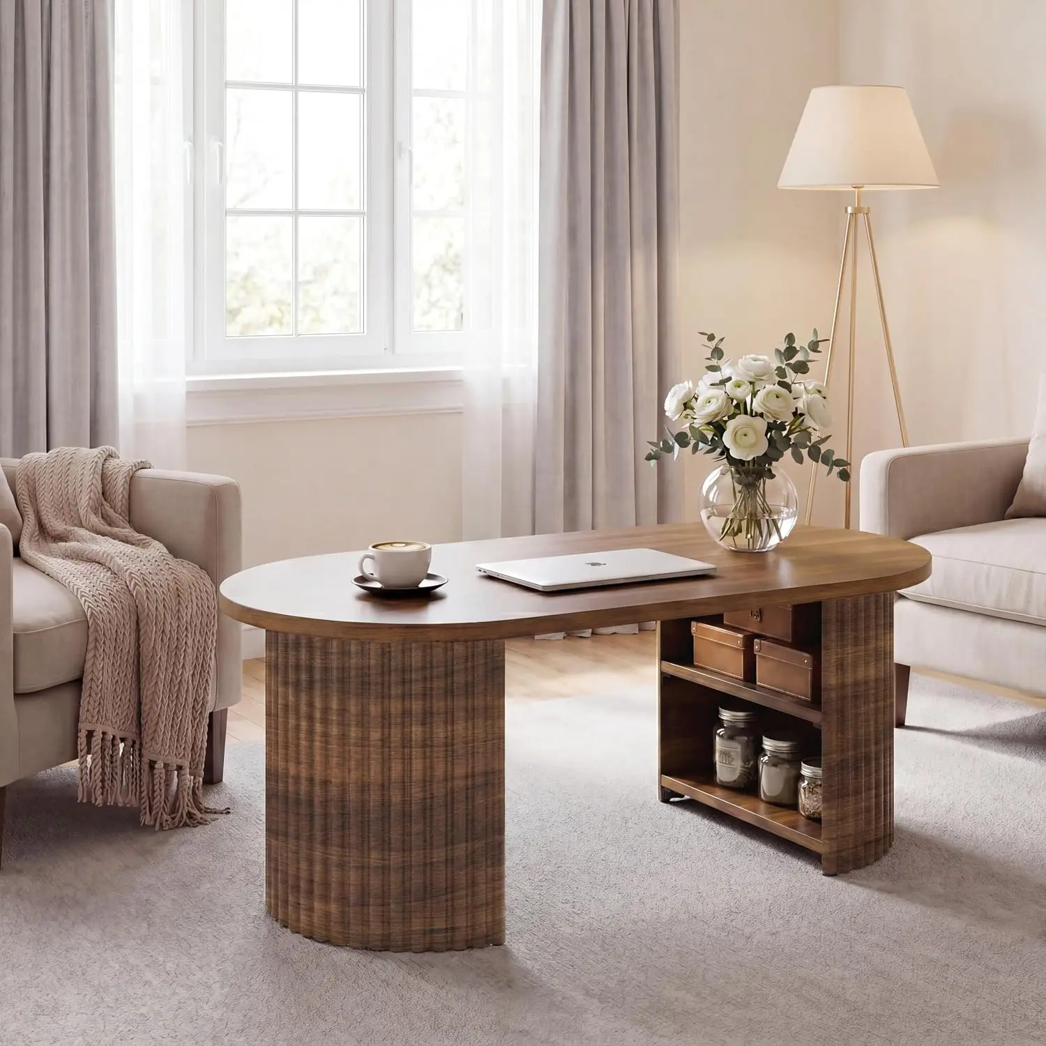 Wabi Sabi Oval Coffee Table - Indoor Furniture with 4 Open Storage Shelves, 39.3" L x 19.6" W x 17.7" H, Brown/Walnut Finish