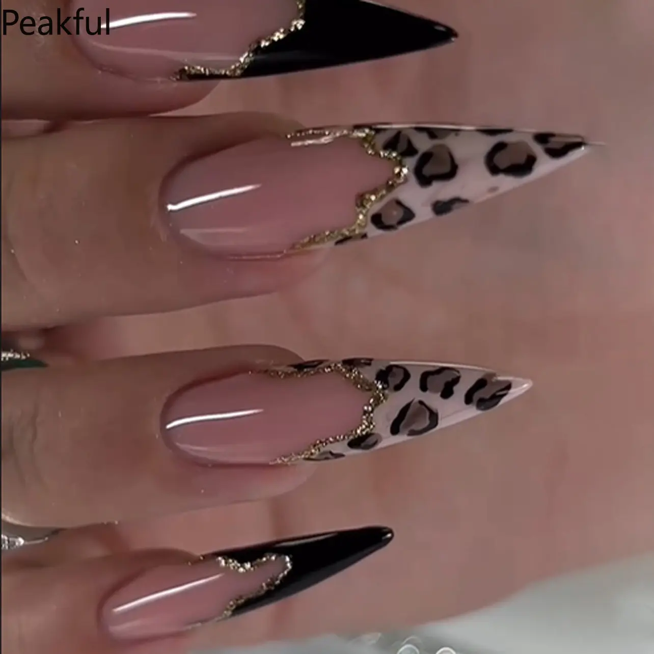 24Pcs Euramerican Style Black Leopard Press-On Nails, Extra Long Stiletto False Nails with French Tip & Pearls, Reusable Glossy Manicure Set for Women, Cross-Border Best-Seller for Fall Winter Looks