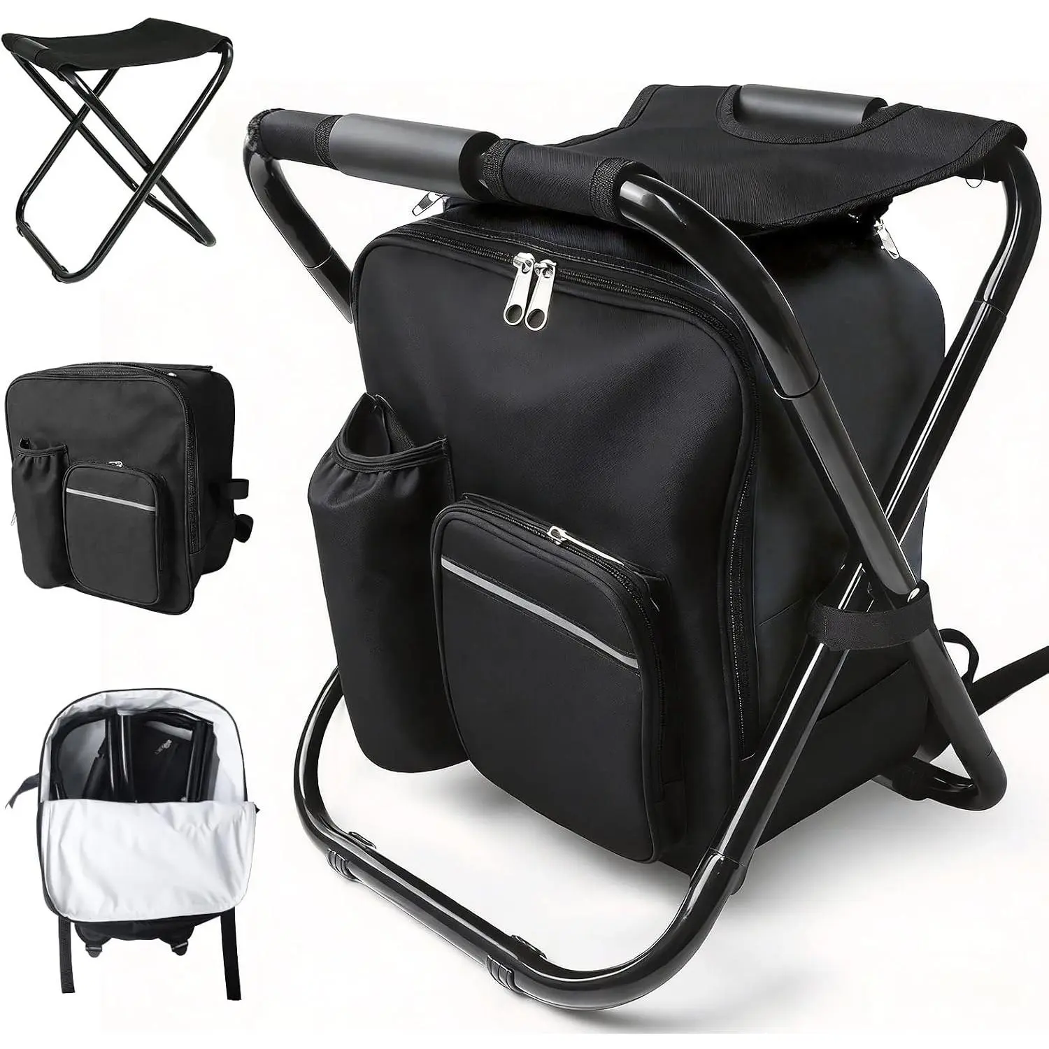 Folding Camping Chair Stool Backpack with Cooler Insulated Picnic Bag, Portable Hunting Fishing Multifunction Chair for Outdoors Hiking Hunting Travel (Black)