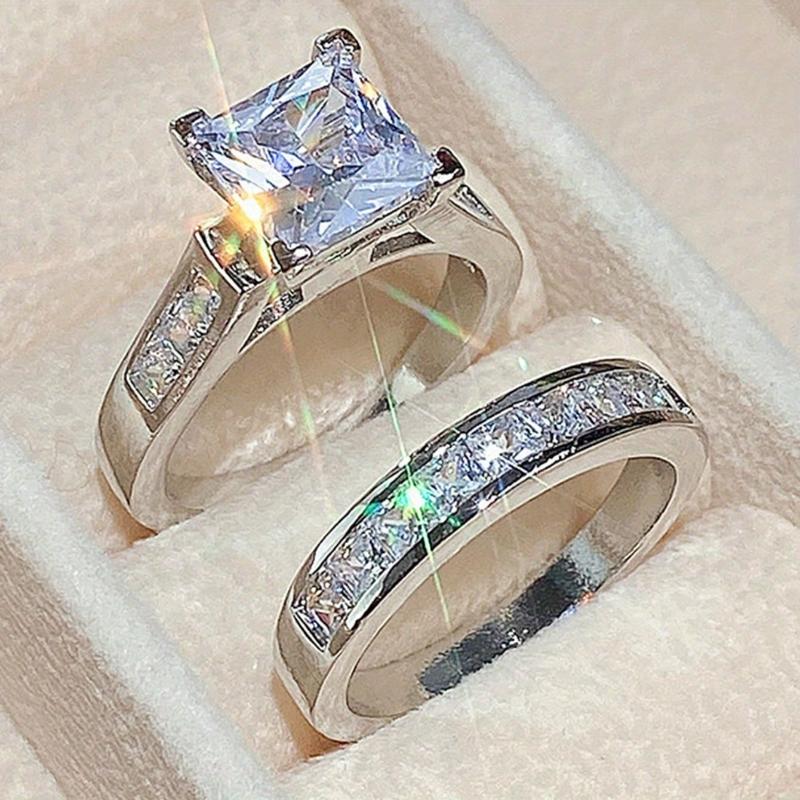 2-Piece Set Fashion Sparkling Cubic Zirconia Rings for Women - Valentine's Day Gift, Wedding Anniversary, Party Jewelry, Bridal Accessory & Romantic Couple Rings