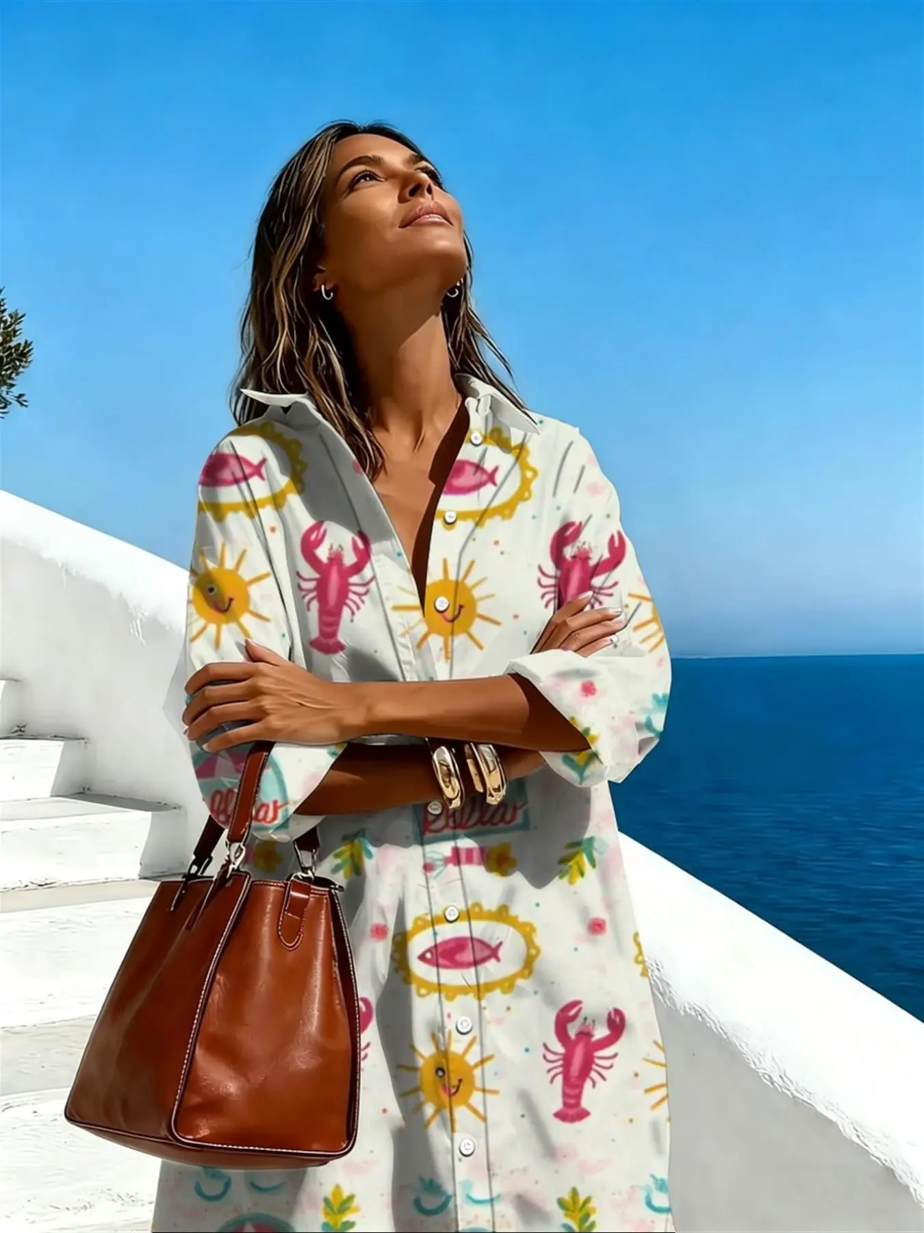 Women's long-sleeved shirt dress, summer nautical-style striped long-sleeved shirt dress, blue seashell and starfish print resort-style loose midi dress, comfortable and versatile autumn and spring outfit, beach dresses, Casual Dresses