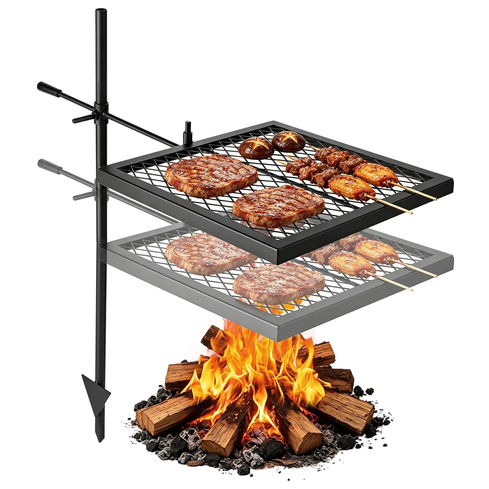 VEVOR Heavy Duty Carbon Steel Swivel Campfire Grill, 16" Portable Camping Grill Grate, Sturdy BBQ Mesh, 360-Degree Height-Adjustable Fire Pit Equipment with Carrying Bag, for Outdoor Open Flame Cooking, Black, Height Adjuster
