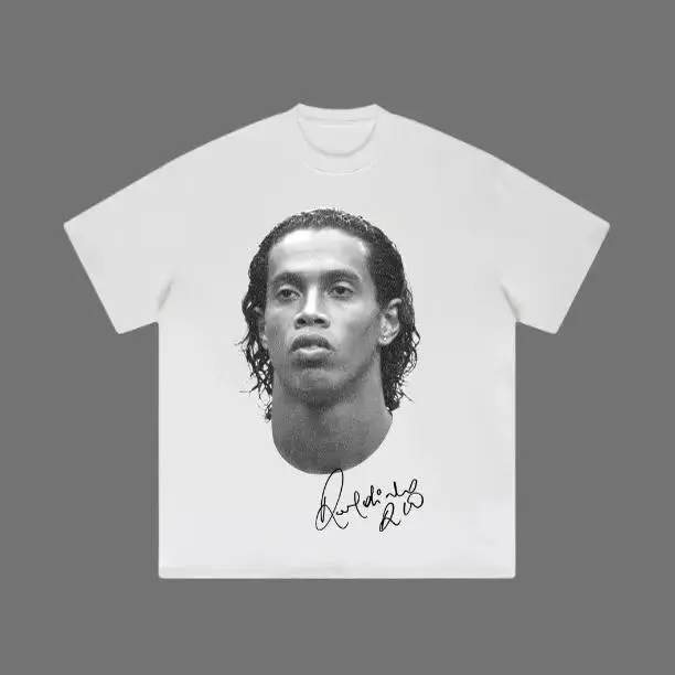 Women's Classic Cotton Short-Sleeve Relaxed-Fit Big Head Ronaldinho Vintage Graphic Soccer T-Shirt - Unisex Streetwear for Day Wear, Shortsleeve